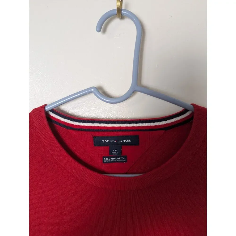 Tommy Hilfiger Size L Sweater Mens Red Navy Blue Stripe Cotton